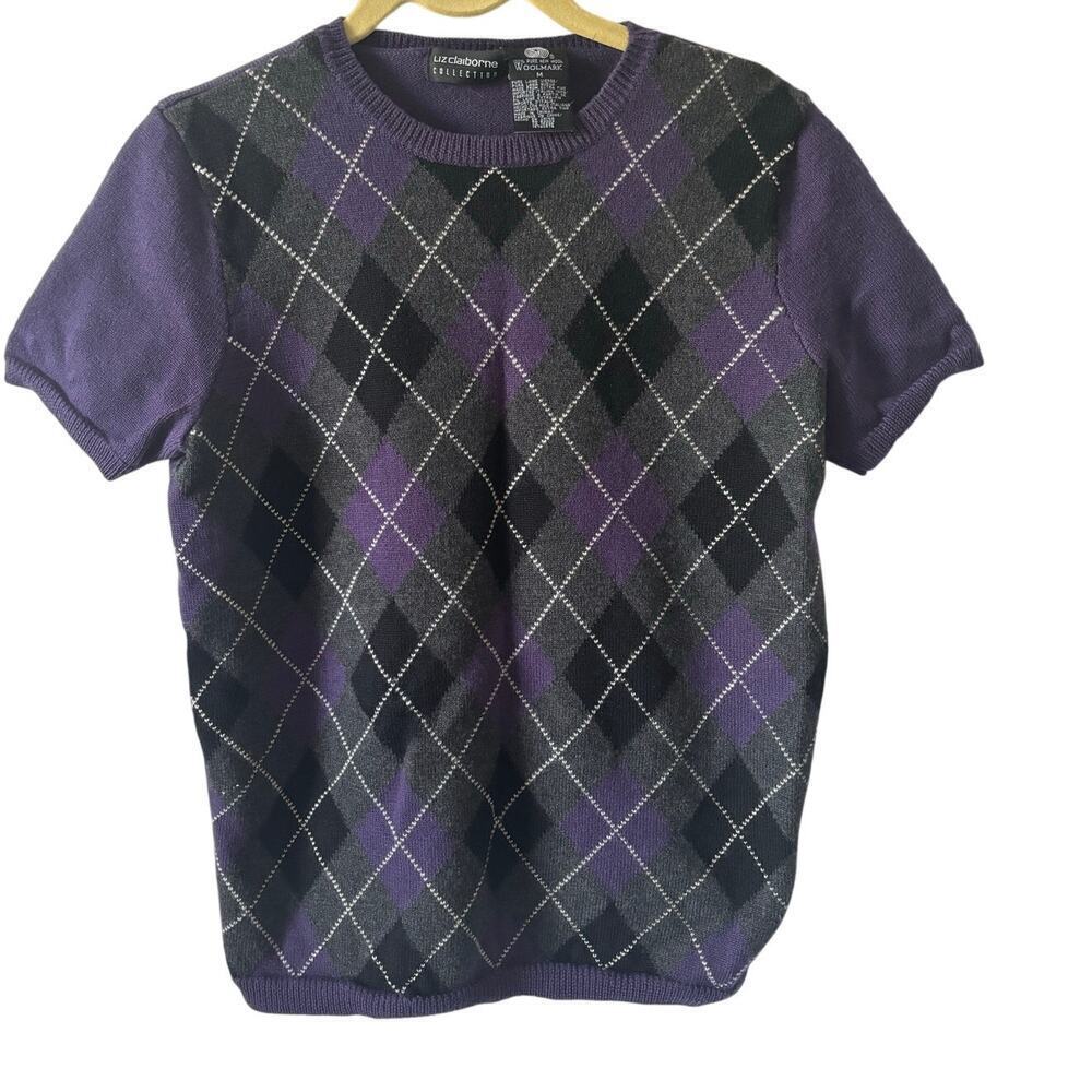 Liz Claiborne Purple & Black Argyle Short Sleeve Sweater